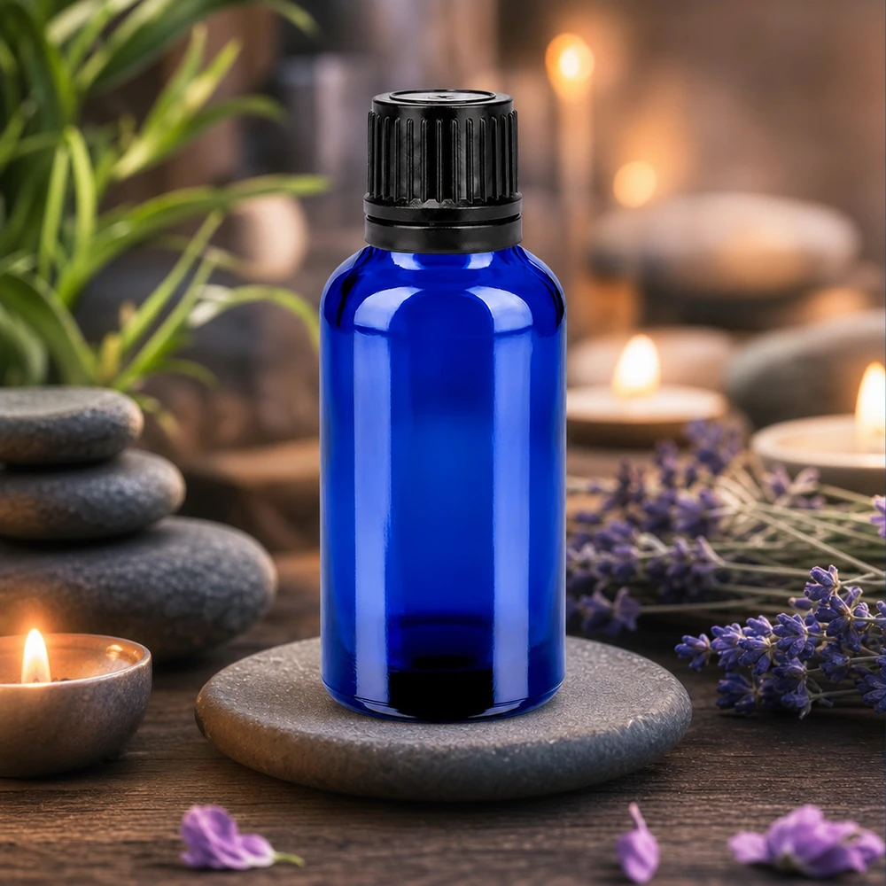 Frasco de 30ml 11mm tampa de rosca preta inviolável BlueLine UT18/30 Frasco de vidro violeta de 30 ml com proteção UV para essências e tinturas sensíveis à luz