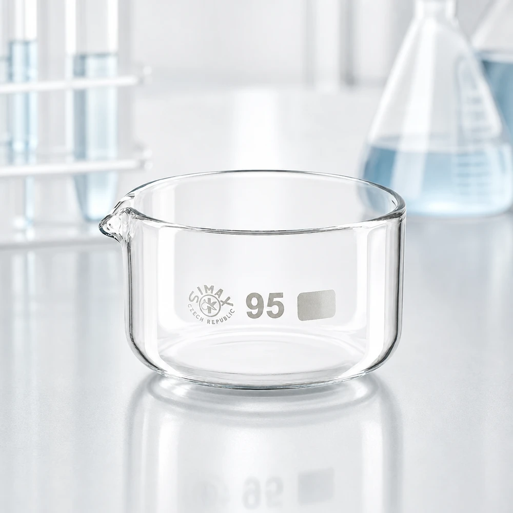 300ml Kristallisierschale mit Ausguss Borosilikat ø95mm Recipiente de laboratório redondo de 300 ml com bico vertedor, em vidro borossilicato transparente sobre base de laboratório branca SIMAX