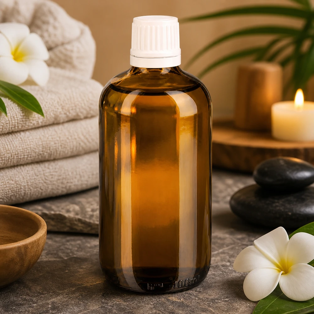 Frasco de farmácia castanho de 100 ml com tampa de segurança para crianças branca, num ambiente de spa com velas