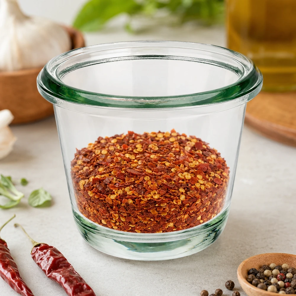 Frasco gourmet WECK RR60 80ml cheio de flocos de malagueta vermelha entre malaguetas secas e grãos de pimenta