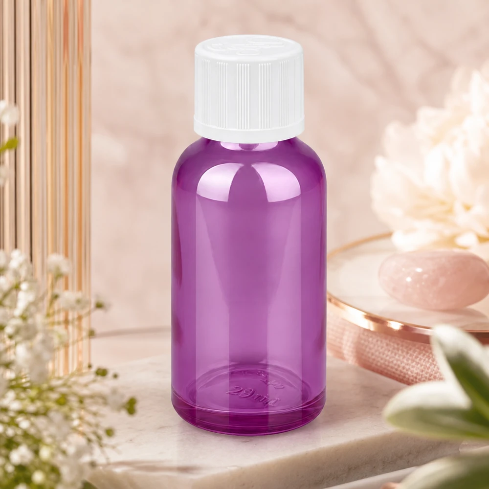 Frasco conta-gotas de 30 ml de alta qualidade com abertura de precisão de 1,2 mm num elegante design roxo para uma dosagem precisa