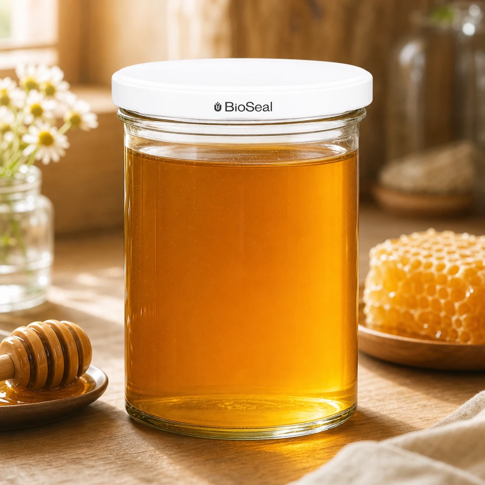 Copos de vidro de 435 ml com tampa branca BioSeal UNiTWIST Os copos UNiTWIST de 435 ml cheios de mel ao lado de um favo de mel e de uma colher de mel mostram a conservação natural dos alimentos