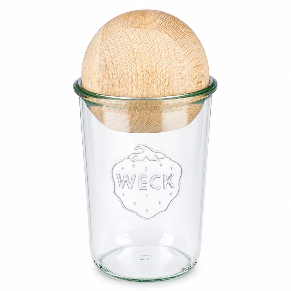 Copos de vidro de 850ml WECK RR100 com bola de madeira faia Copos WECK RR100 de 850 ml com tampa esférica de madeira de faia, frasco de conserva transparente com tampa de madeira