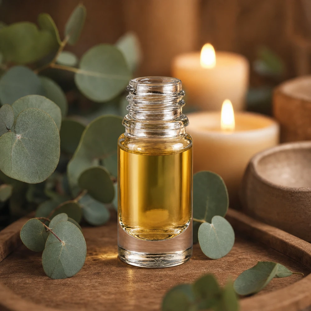 Frasco boticário ApoGlas de 5 ml com líquido amarelo dourado numa atmosfera relaxante de aromaterapia