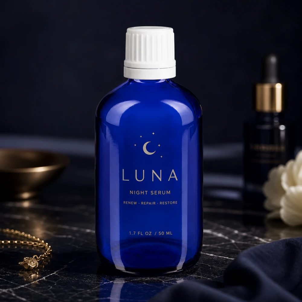 Frasco de vidro de farmácia azul cobalto de 100 ml com tampa conta-gotas branca para sérum noturno e óleos de tratamento