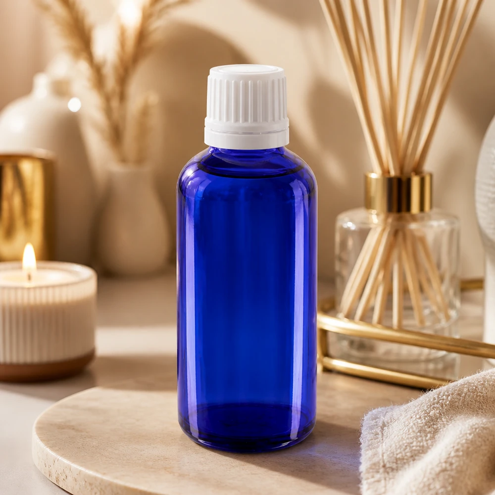 Frasco de farmácia azul 50ml tampa conta-gotas 1.2mm branco fecho inviolável Frasco de farmácia de 50 ml em vidro azul com tampa dosadora branca para cosmética e aromaterapia