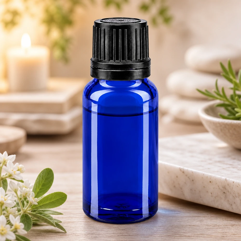 Frasco conta-gotas azul-escuro de 10 ml com tampa de segurança preta, fabricado em vidro farmacêutico de alta qualidade