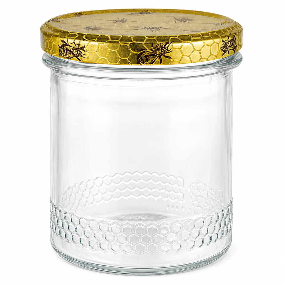 Frasco de mel de 400 ml com tampa dourada em forma de favo de mel, frasco vazio com padrão em forma de favo de mel para mel e apicultura