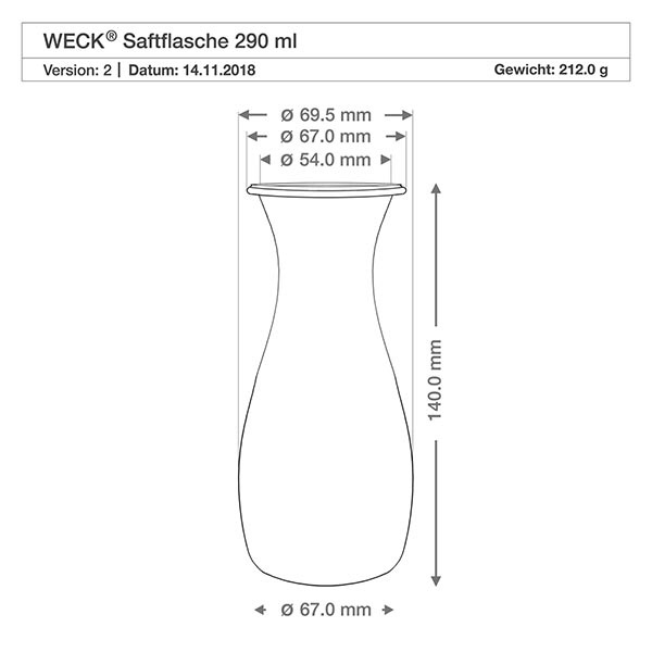 Garrafa para sumo de 290 ml com tampa de conservação WECK RR60 Desenho técnico Garrafa de sumo WECK 290ml com dimensões Diâmetro 69,5mm Altura 140mm Peso 212g RR60