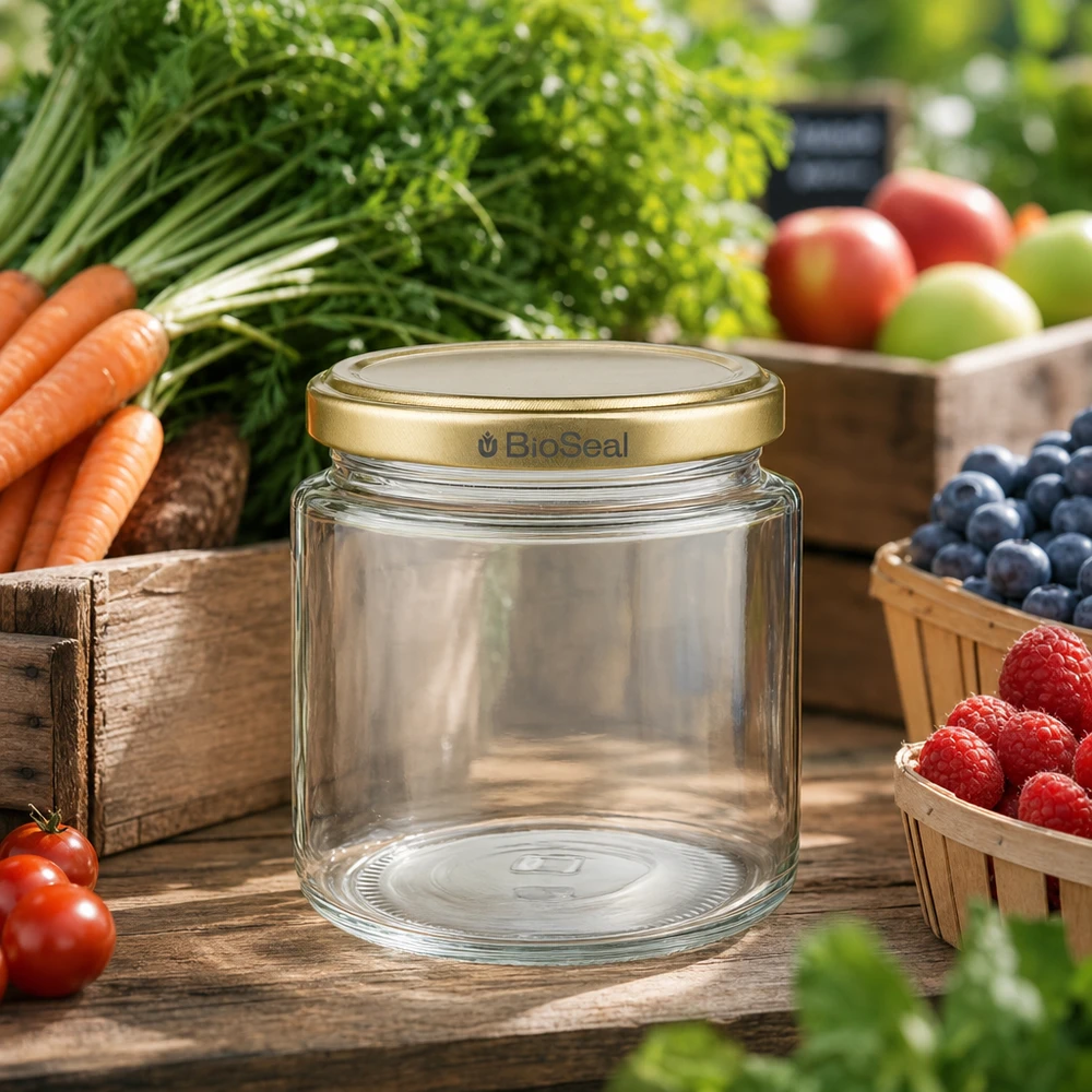 350g Honigglas + BioSeal Deckel gold UNiTWIST Frasco de mel BioSeal de 250 ml vazio com tampa dourada UNiTWIST rodeado de frutas e legumes frescos da horta
