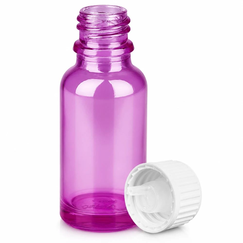 Frasco conta-gotas de 20ml 0,9mm branco padrão PurpleLine. UT18/20 Frasco de vidro roxo de 20 ml com tampa branca com conta-gotas para óleos essenciais e soros