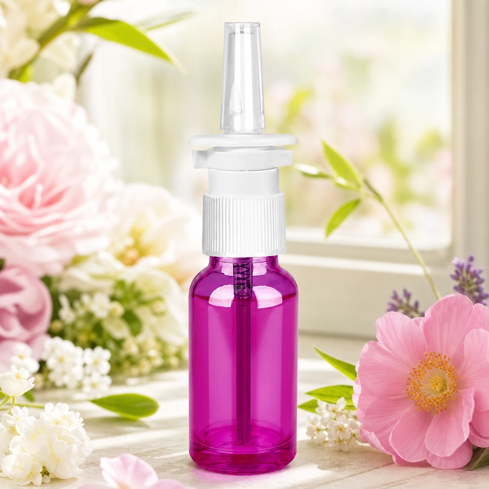 Frasco de spray nasal compacto de 20 ml com rosca UT18/20 em roxo para aplicações médicas