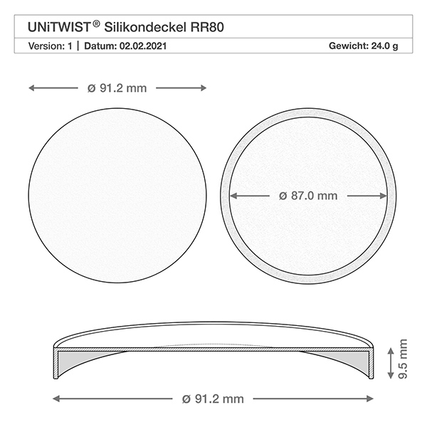 370ml Tulpenglas WECK mit Silikondeckel weiß Desenho técnico da tampa de silicone WECK RR80 com dimensões de 91,2 mm de diâmetro e 9,5 mm de altura para o frasco tulipa de 370 ml