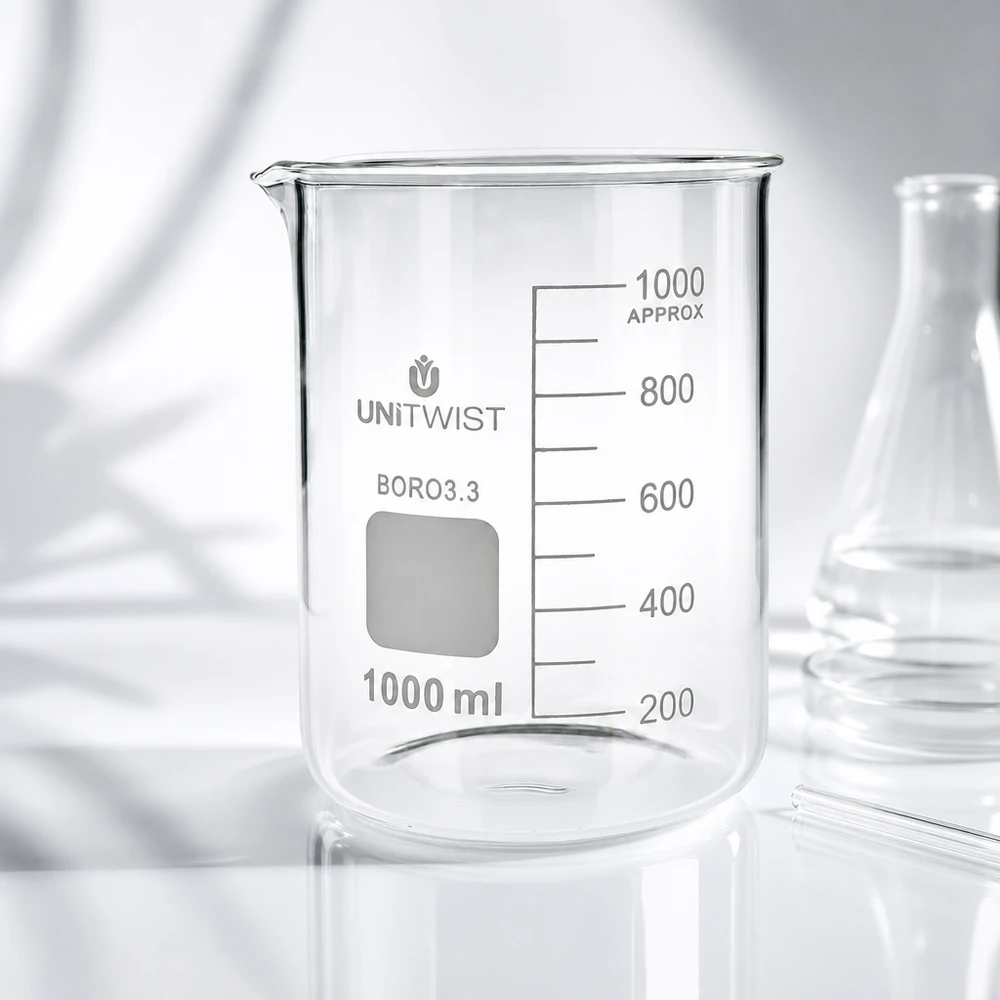 Copo UNiTWIST de 1000 ml, borossilicato 3.3, formato baixo, transparente, vazio, sobre fundo branco
