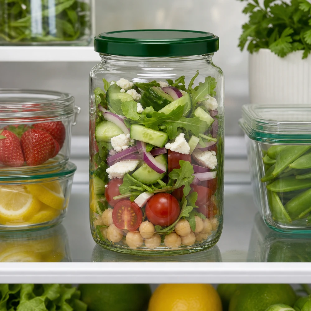 Frasco redondo de 795 ml + tampa BasicSeal verde UNiTWIST 795ml UNiTWIST Rundglas mit grünem Deckel gefüllt mit Salat im Kühlschrank - perfekt für Meal Prep und Vorratshaltung