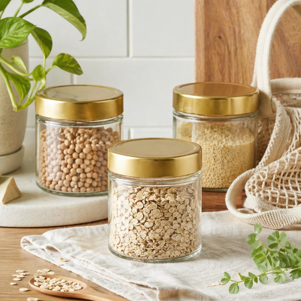154ml Rundglas BasicSeal gold Vorratsdosen Set Haferflocken Kichererbsen Quinoa nachhaltige Küchen Aufbewahrung