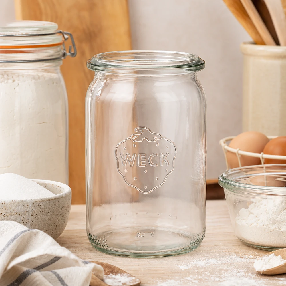 Frasco cilíndrico de 145ml WECK RR40 Frasco cilíndrico WECK RR40 de 145 ml com atmosfera, colocado numa cozinha moderna entre os frascos de armazenamento de farinha e ovos