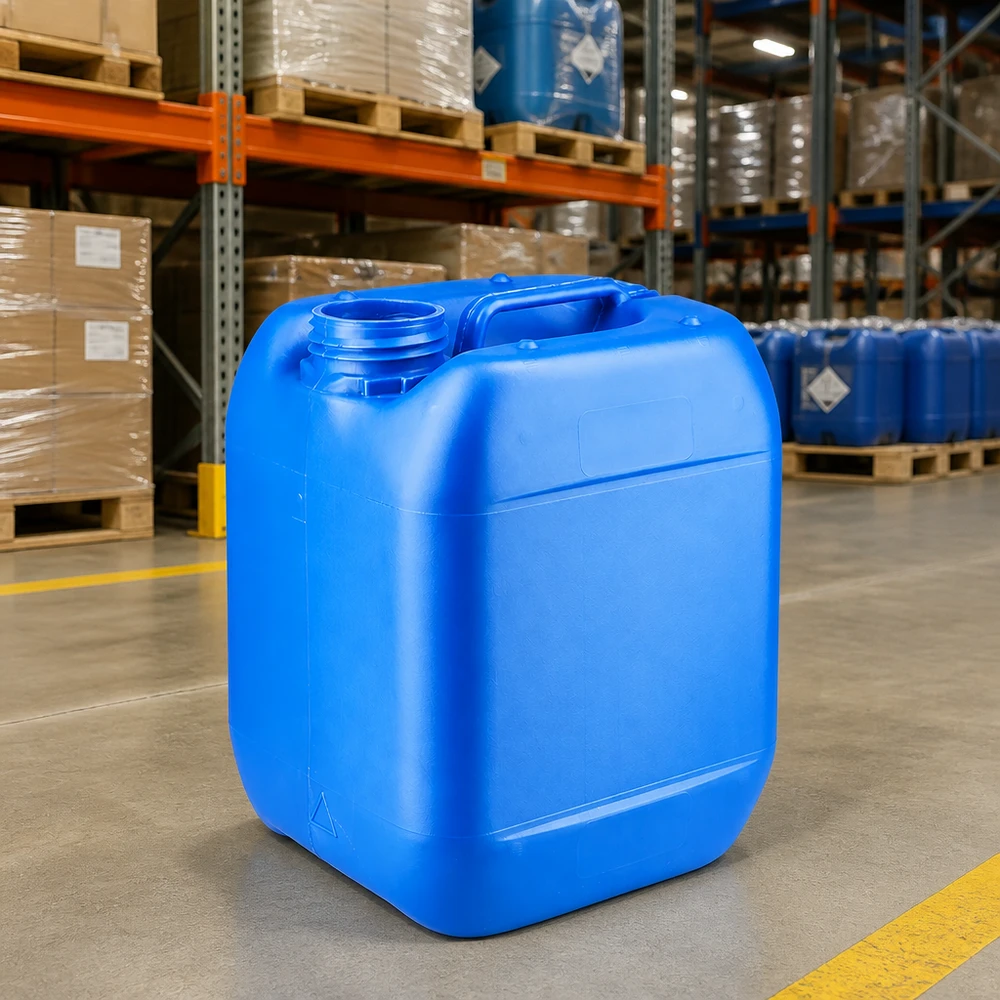Bidão de plástico azul de 5 litros sem tampa num armazém de produtos químicos com estantes altas