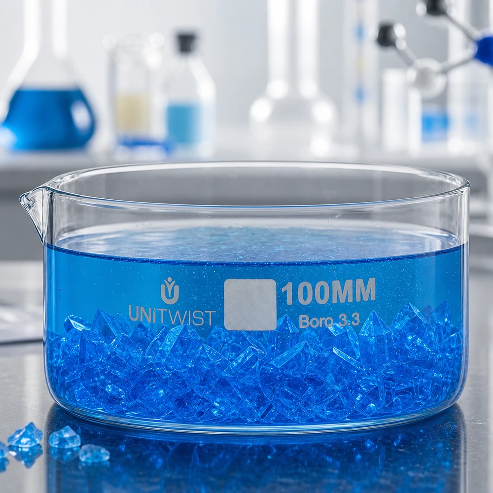 Bandeja de cristalização de 100 mm UNiTWIST Boro 3.3 com cristais azuis – vidro borossilicato de laboratório