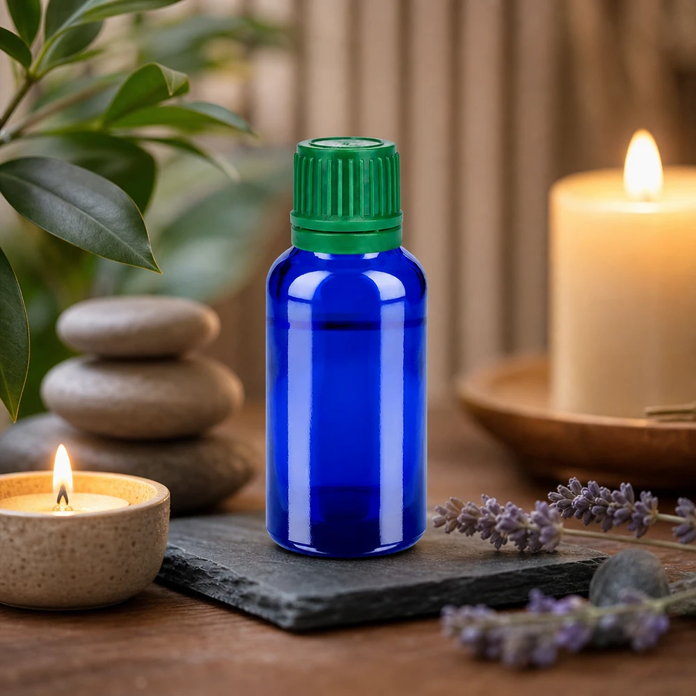 Frasco compacto de vidro azul de 30 ml com tampa inviolável verde, ideal para misturas de bricolage