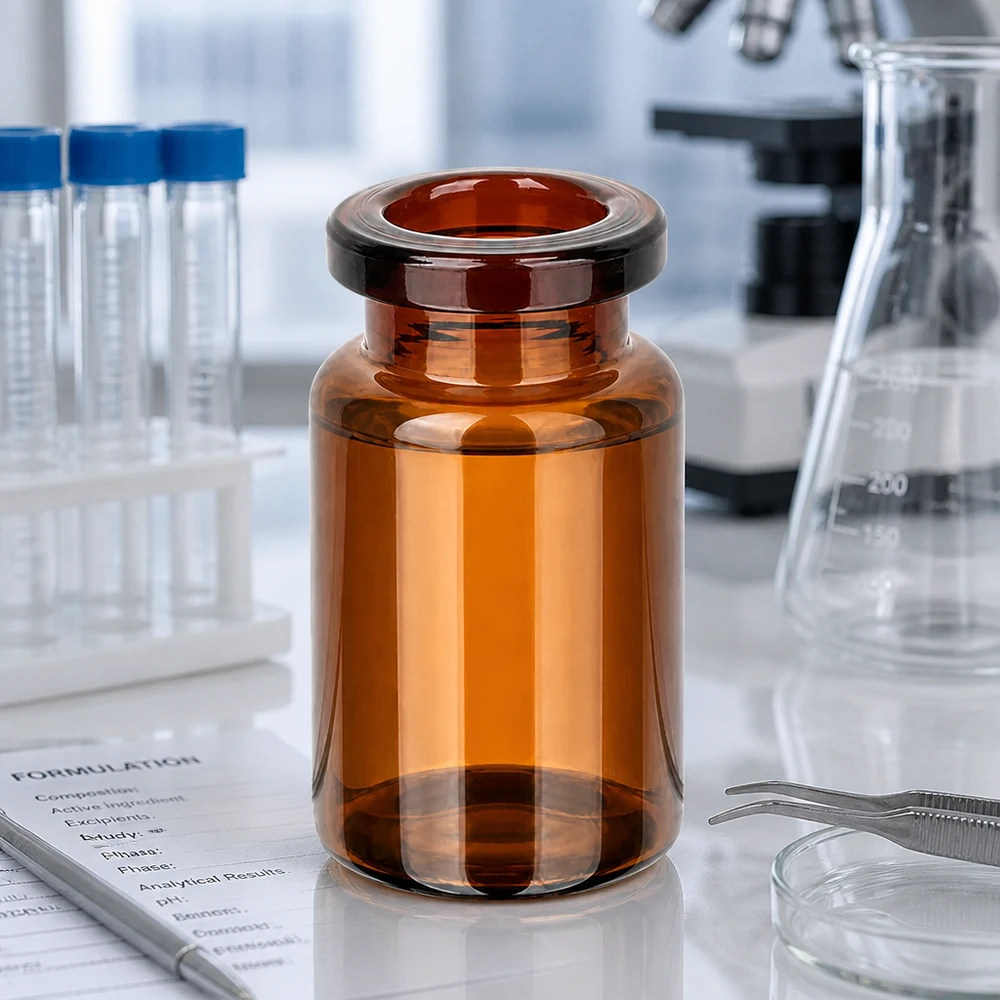 Frasco de injeção de vidro âmbar 5ml Leere Injektionsflasche Braunglas 5ml neben Erlenmeyerkolben und Formulation Sheet