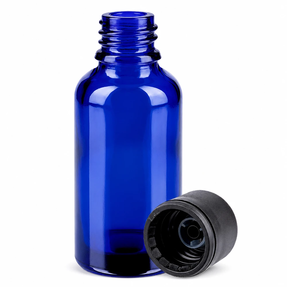 Frasco de vidro cobalto de 30 ml com tampa de rosca para aromaterapia e cosméticos naturais Série BlueLine