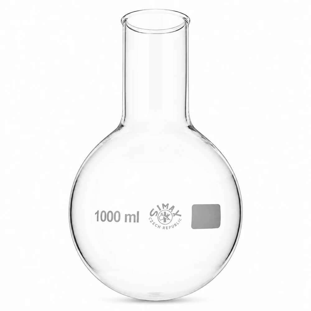 Balão de fundo redondo de gargalo largo de 1000 ml com marcações graduadas para medições precisas no laboratório