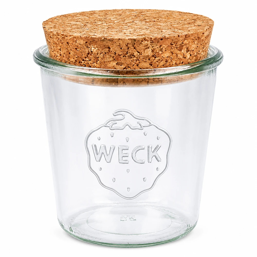 Copos de vidro de 580ml WECK RR100 com cortiça natural Frasco de vidro WECK 580ml RR100 com tampa de cortiça natural Frasco de conservação Frasco de armazenamento transparente
