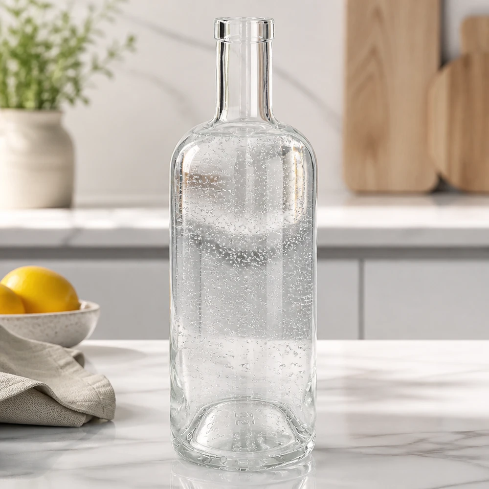 750ml Glasflasche "Attila" ohne Verschluss UNiTWIST® Garrafa de vidro de 750 ml Emma vazia numa cozinha branca sobre um tampo de mármore com limão e um pano de cozinha como decoração