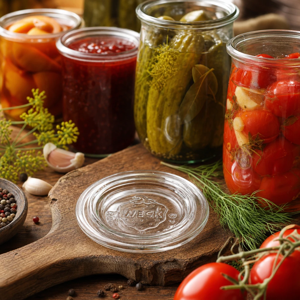 Tampa de frasco WECK RR40 em cena de cozinha com pepinos cozidos, tomates e compota em frascos de conserva