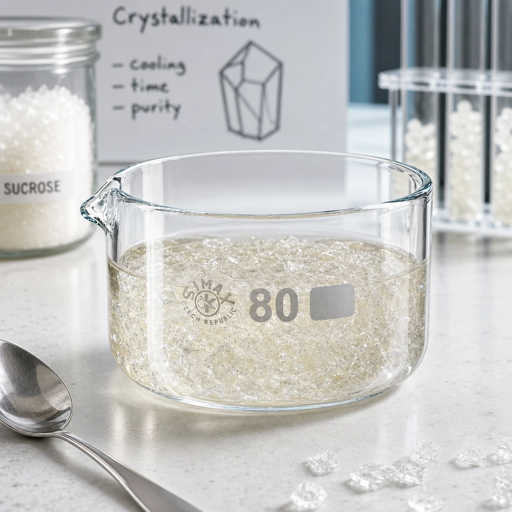 Bandeja de cristalização de 150 ml na experiência de cristalização da sacarose com cristais de açúcar branco de ø80 mm