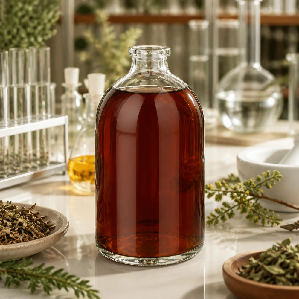 Frasco de injeção de vidro transparente 100ml Kleine Klarglas Injektionsflasche 100ml mit dunklem Kräuterauszug zwischen Reagenzgläsern und Schalen