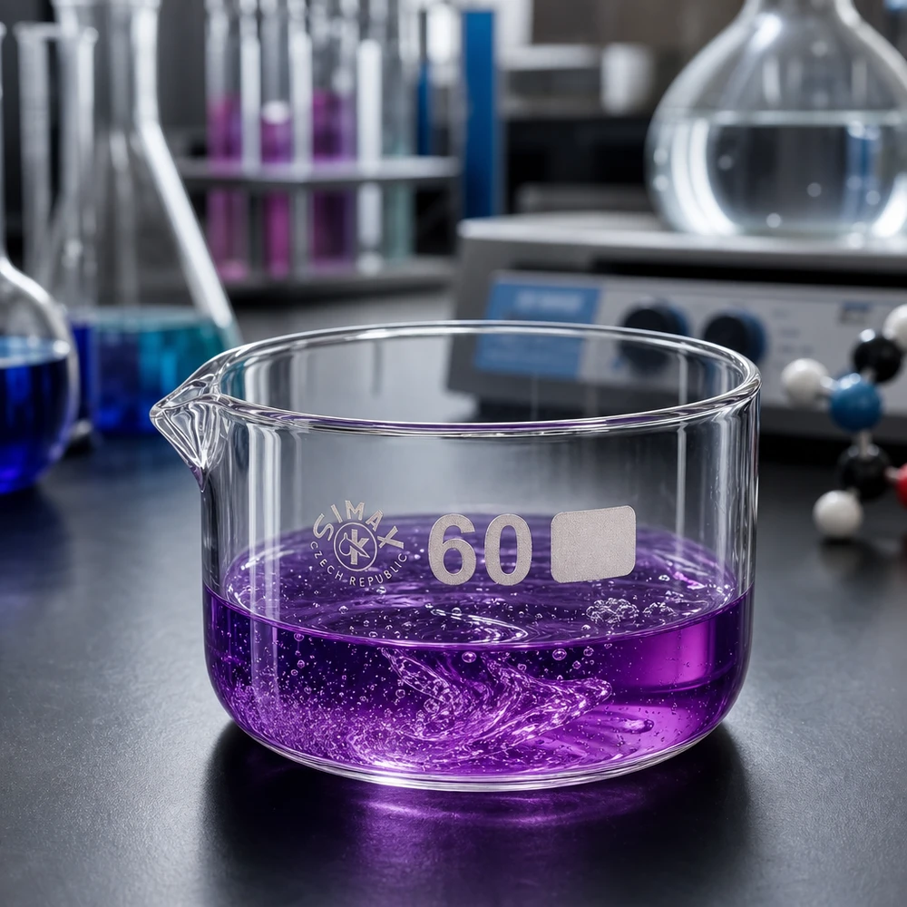 Recipiente de cristalização de 60 ml, solução violeta em ebulição, experiência de laboratório, vidro borossilicato, cilíndrico achatado