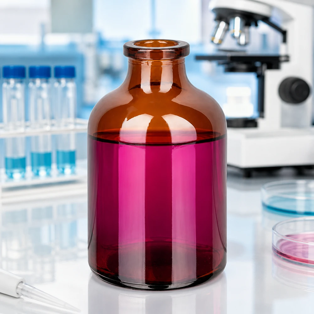 Frasco de injeção de vidro âmbar 50ml Braunglas Injektionsflasche 50ml mit breitem Zylinderkörper und eingezogenem Hals im Labor