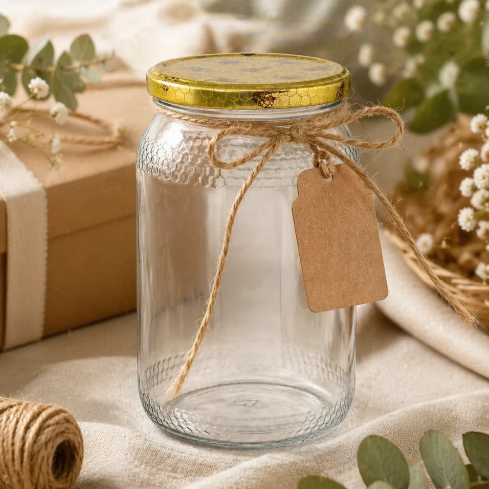 Frasco de mel de 900 ml vazio com etiqueta de papel kraft e cordão de juta como embalagem de oferta decoração rústica