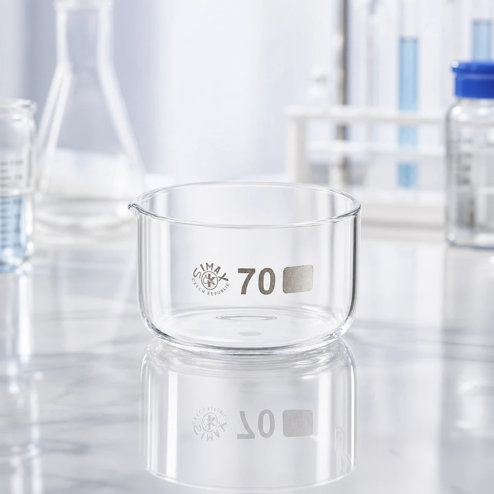 Taça de vidro transparente de 100 ml, taça de cristalização Simax, formato plano, diâmetro da base 70 mm