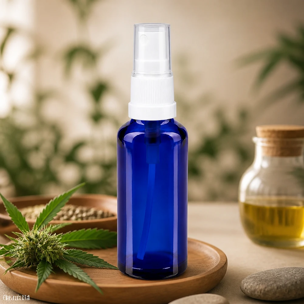 Frasco de spray ApoGlas azul de 30 ml com bico de pulverização branco, ao lado de uma planta de canábis e de sementes de canábis numa bandeja de madeira