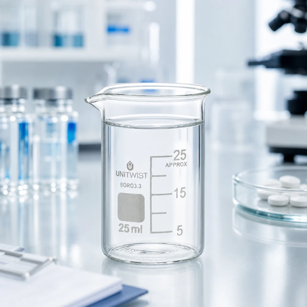 Copo de vidro UNiTWIST de 25 ml, de formato baixo, em borossilicato 3.3, ao lado de um microscópio e de comprimidos no laboratório