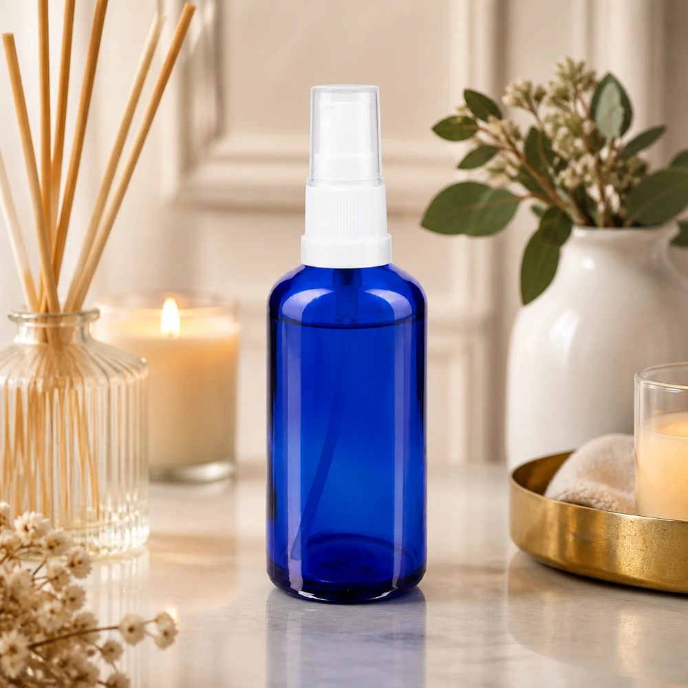Frasco de spray de vidro de farmácia azul de 50 ml com bico de pulverização transparente, com ambiente de spa