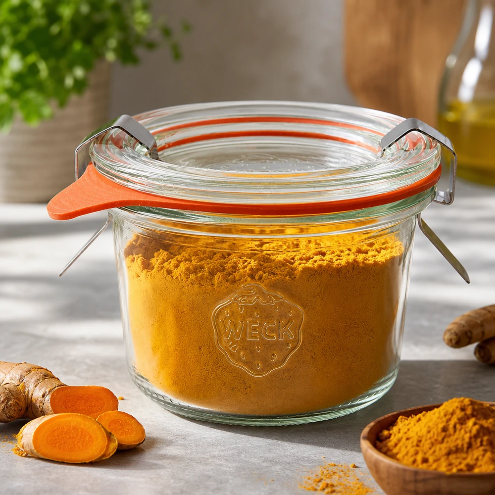 Os copos WECK de 80 ml RR60 cheios de curcuma em pó mostram a armazenagem hermética de especiarias e pós