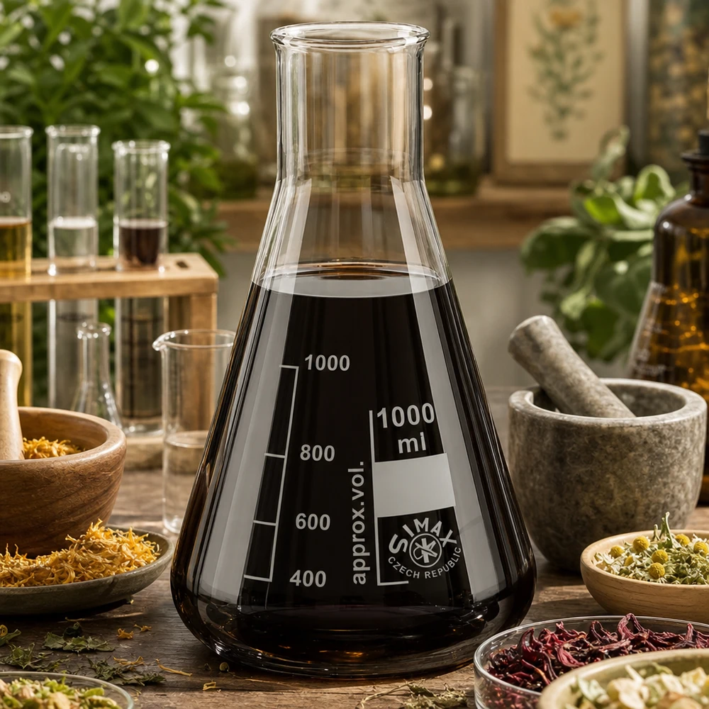 Frasco Erlenmeyer grande de 1000 ml com líquido preto e graduação entre ervas naturais