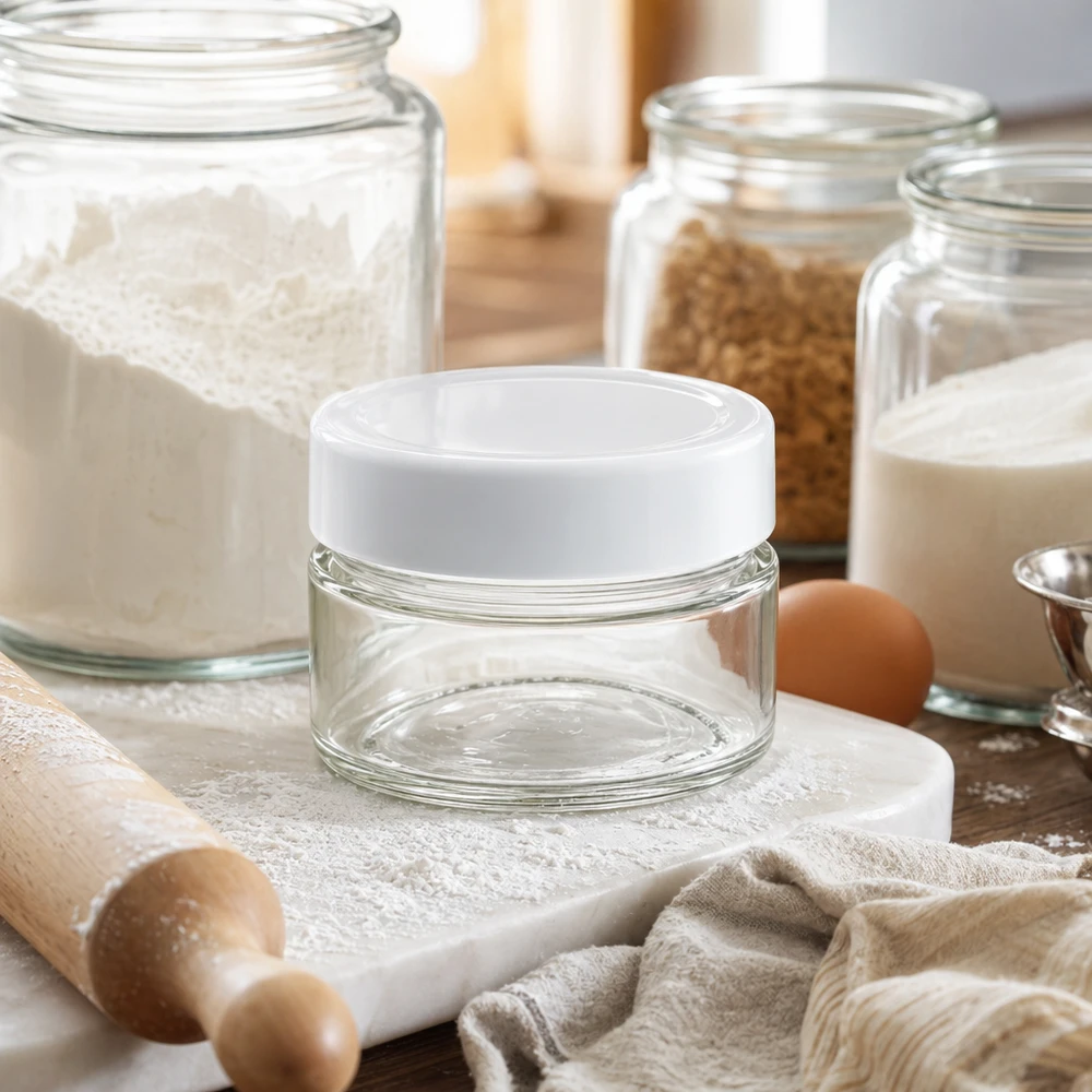 Frasco redondo de 80 ml com tampa BasicSeal na cozinha com ingredientes para pastelaria - recipiente de vidro versátil para alimentos