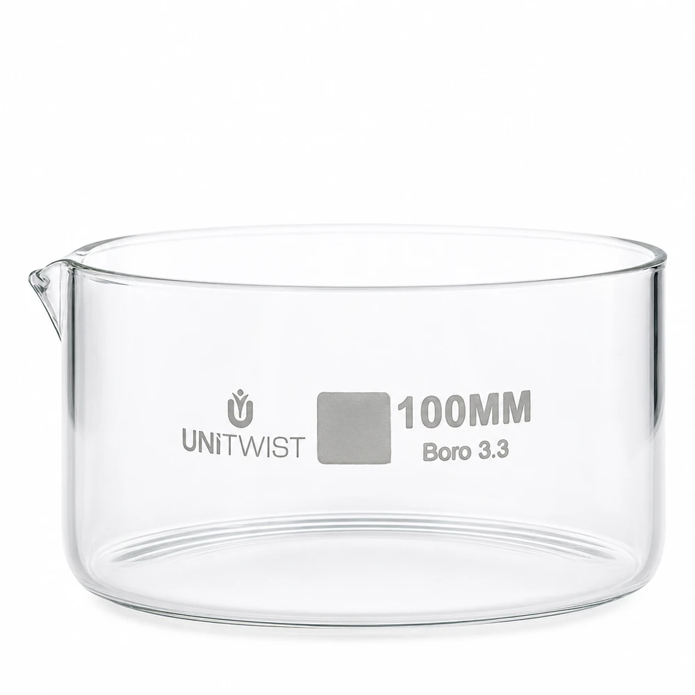 Prato de cristalização ø100mm em vidro borossilicato UNiTWIST Recipiente de cristalização de 100 mm em vidro borossilicato UNiTWIST Boro 3.3, transparente, cilíndrico, com bico de vertimento