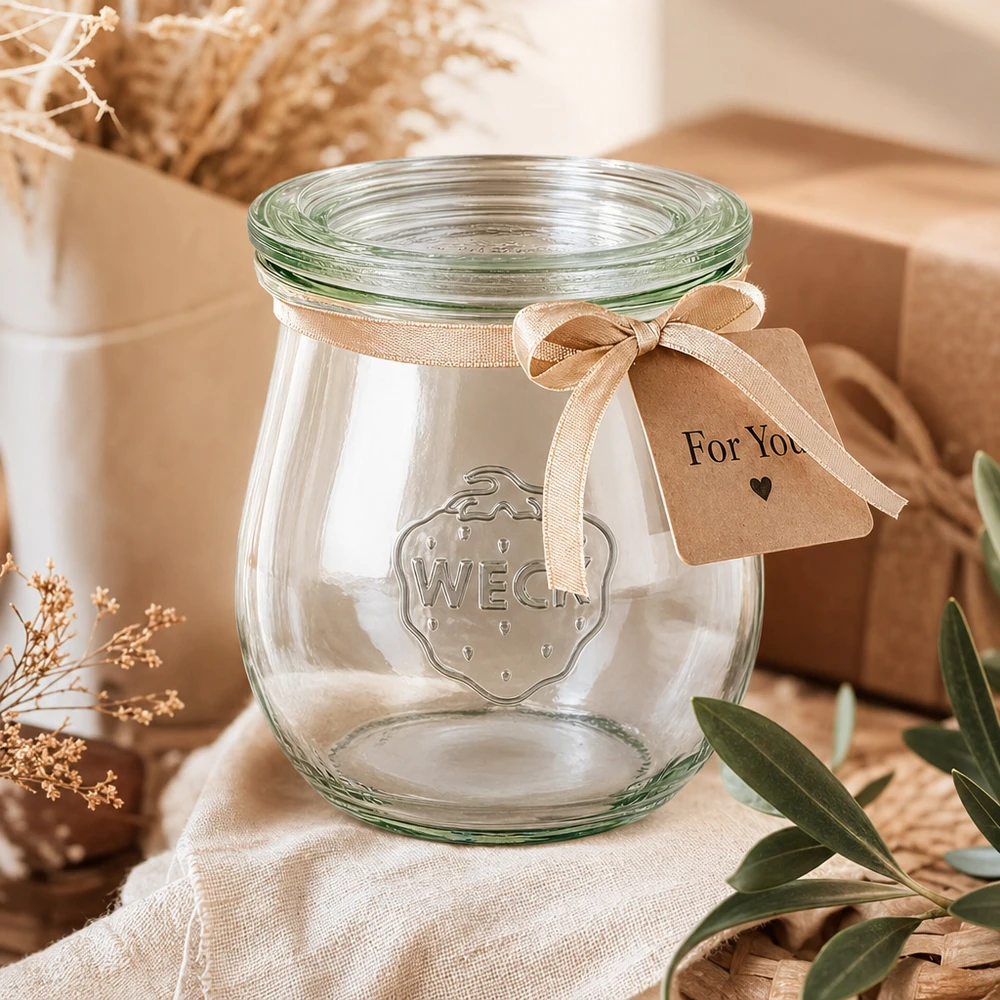 Frasco em forma de tulipa de 220 ml com tampa de vidro WECK RR60 Frasco de tulipas WECK 220ml RR60 para oferta, decorado com um laço bege e uma etiqueta "For You" num ambiente natural