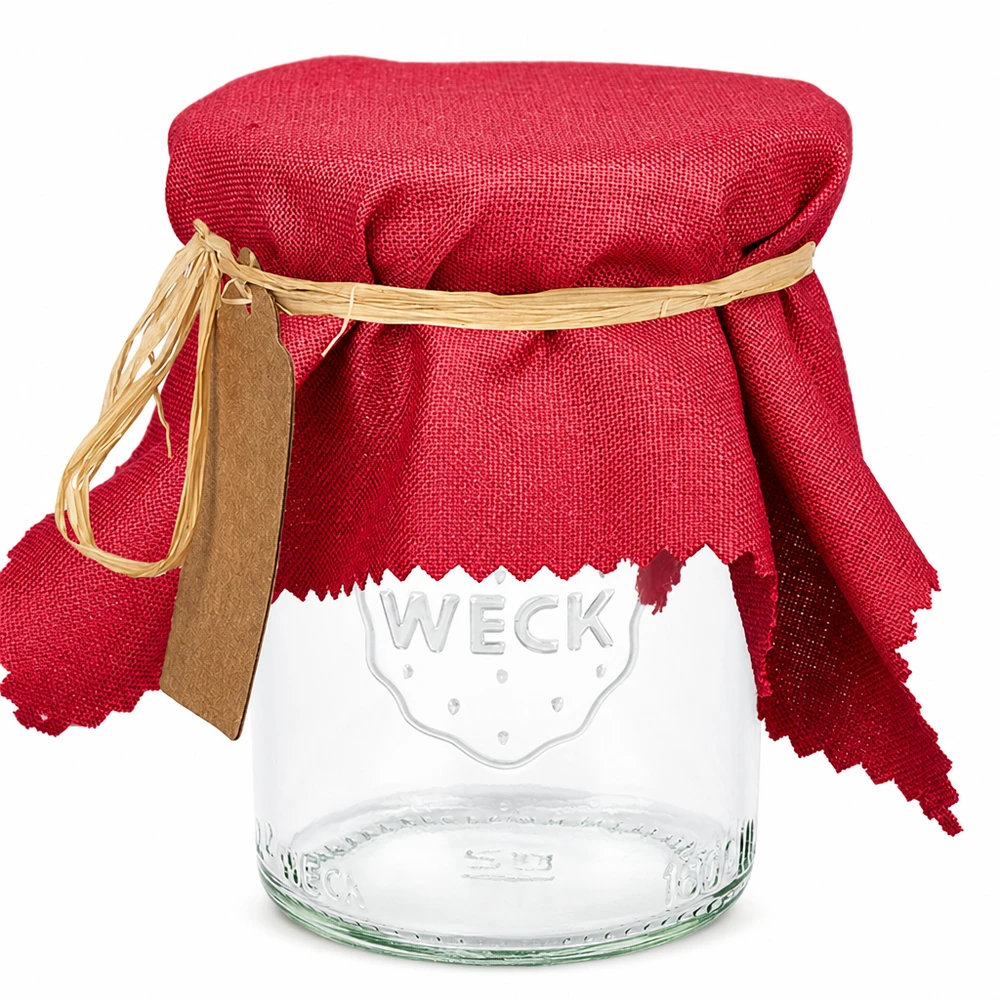 Pano para jóias em tecido bordeaux quadrado de 15 cm Tampa decorativa retangular em tecido vermelho bordeaux de 15 cm no frasco de conserva WECK com anel de borracha e rótulo de madeira