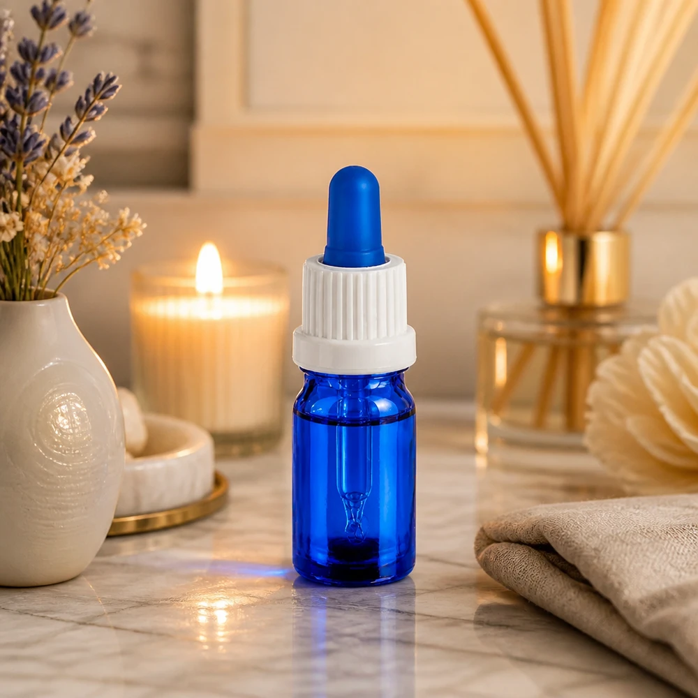 Frasco pipeta de 5 ml branco/azul com fecho inviolável BlueLine UT18/5 Frasco de pipeta elegante de 5 ml em azul-cobalto com pipeta branca para aromaterapia e cosmética