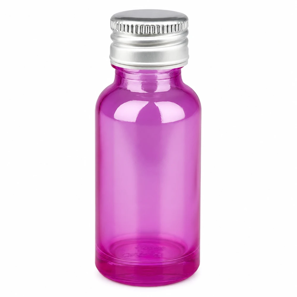 Frasco de vidro roxo de 20 ml com tampa de alumínio prateada para cosméticos e óleos essenciais
