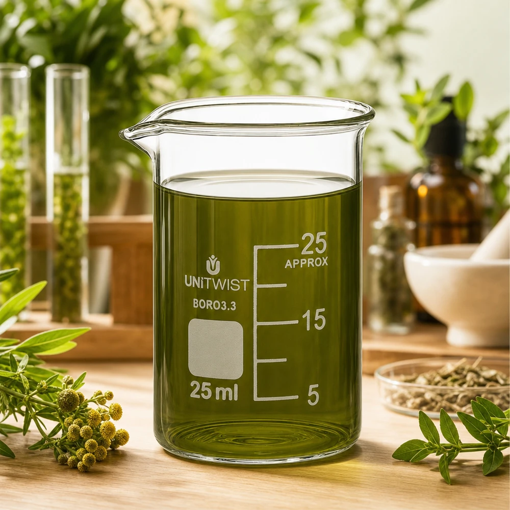 Frasco de vidro UNiTWIST de 25 ml com extrato de ervas verdes, rodeado por plantas medicinais frescas sobre uma base de madeira