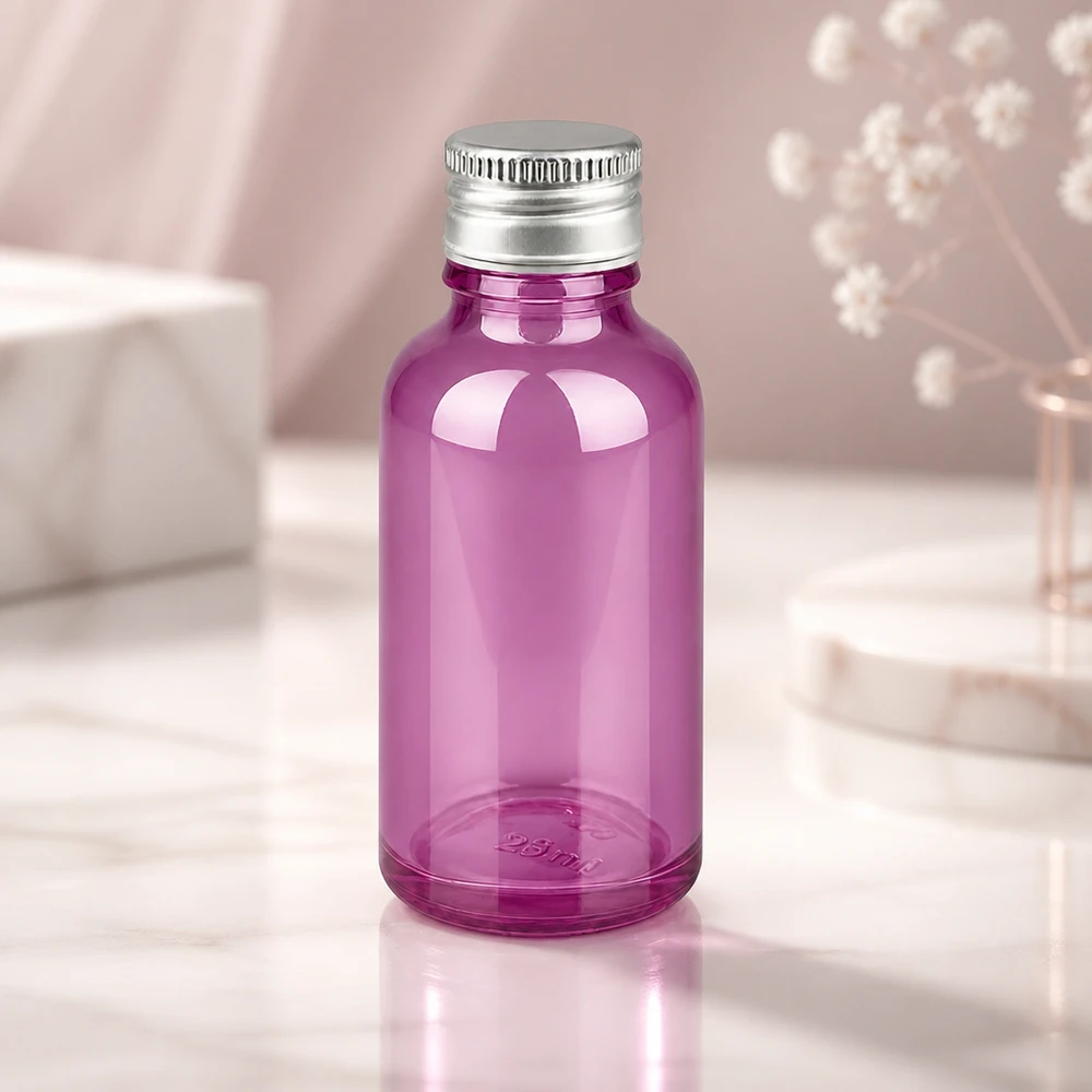 Frasco de 30ml com tampa de rosca de 11mm em alumínio-prata padrão PurpleLine.UT18/30 Frasco de vidro roxo transparente de 30 ml com tampa de alumínio brilhante para aromaterapia