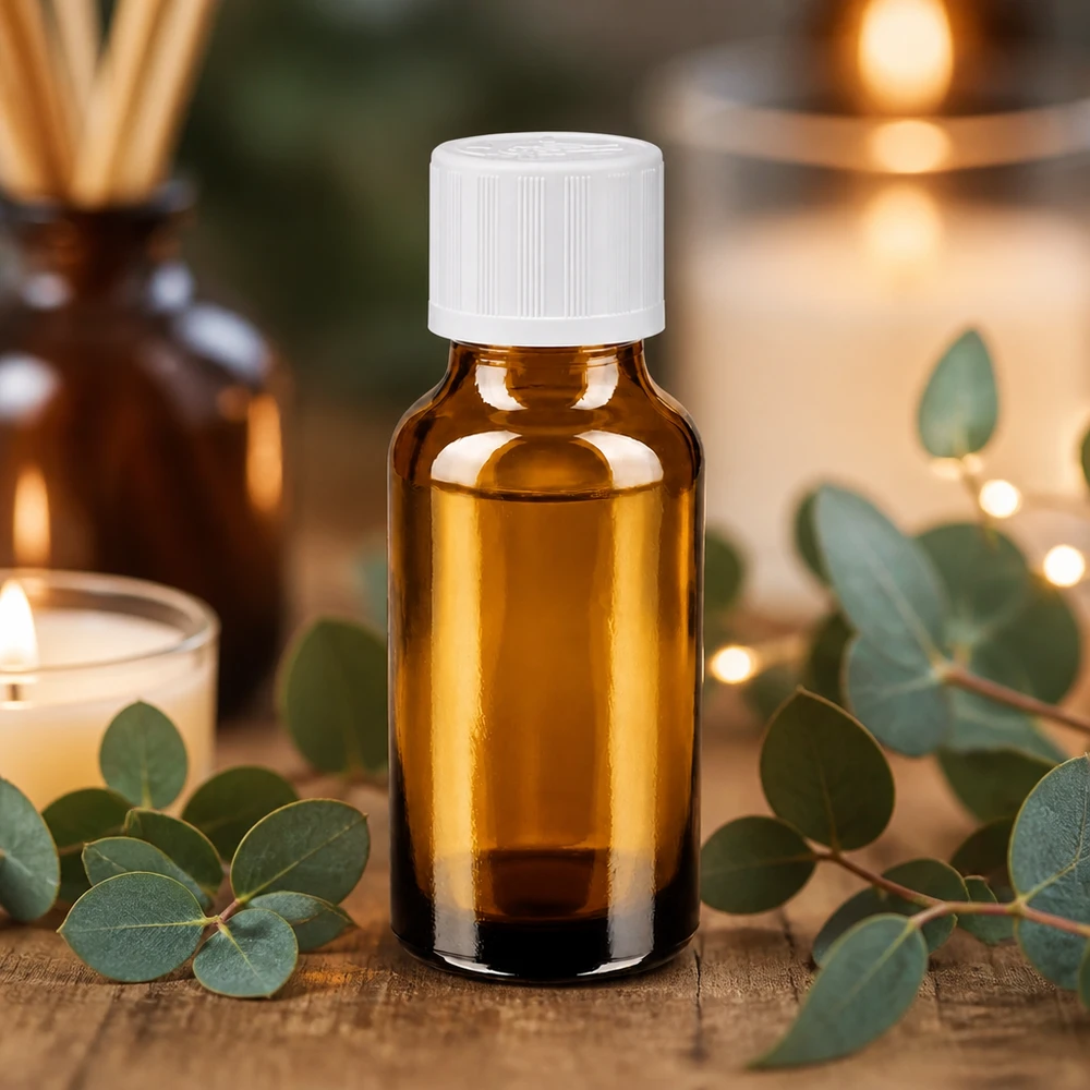 Frasco de farmácia castanho de 20 ml com tampa de segurança branca para óleos essenciais e aromaterapia